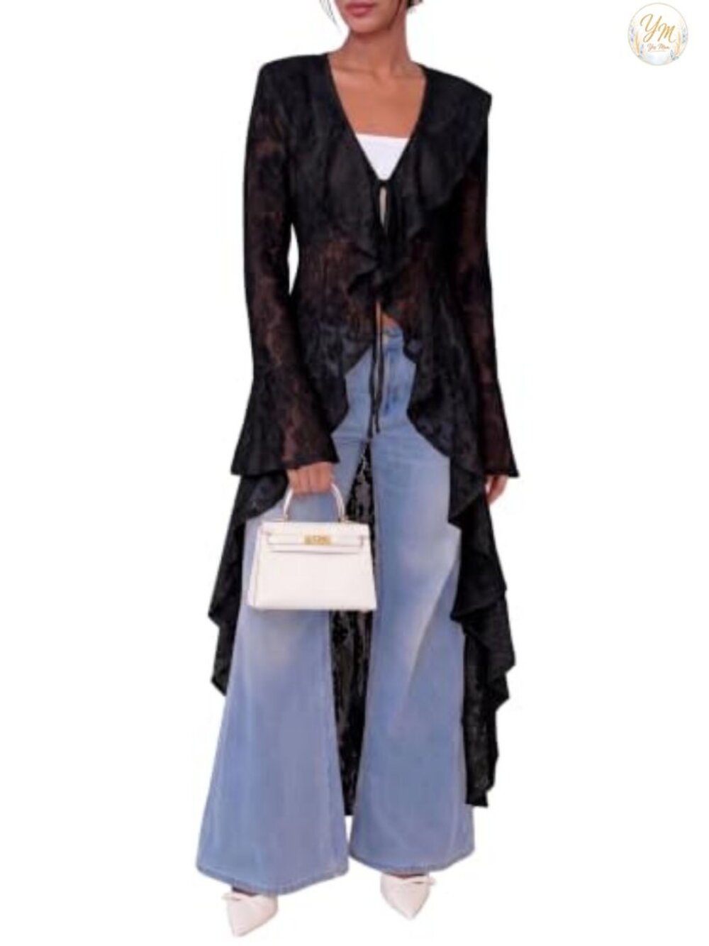 Lace Cardigan Maxi Open Front Tie Bell Sleeve Ruffled Kimono Coverup